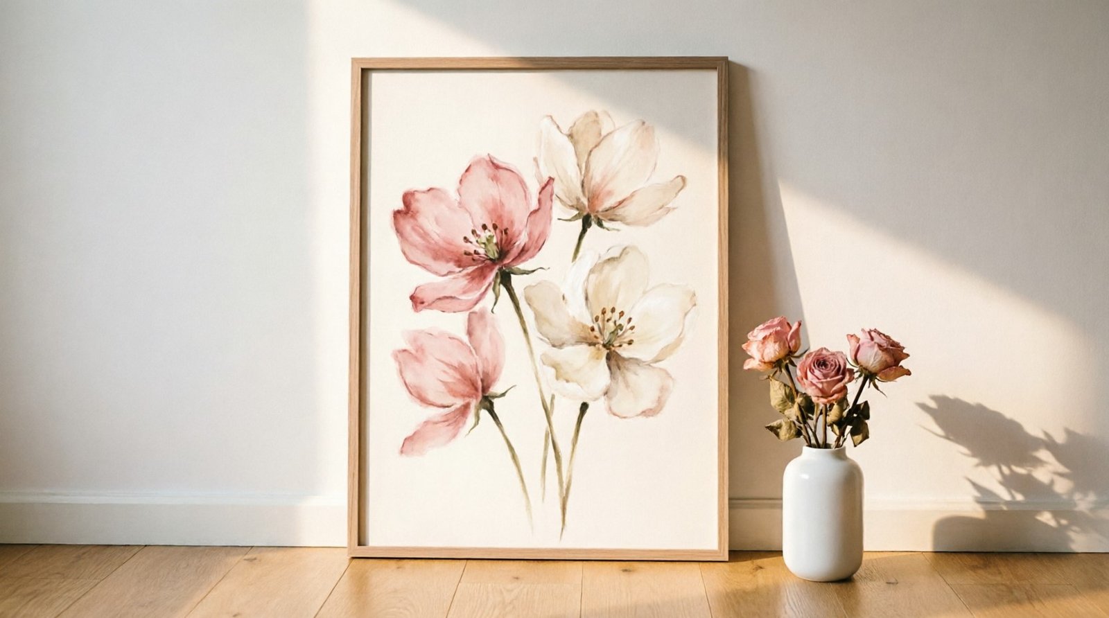 Gallery wall of framed blush and terracotta art prints