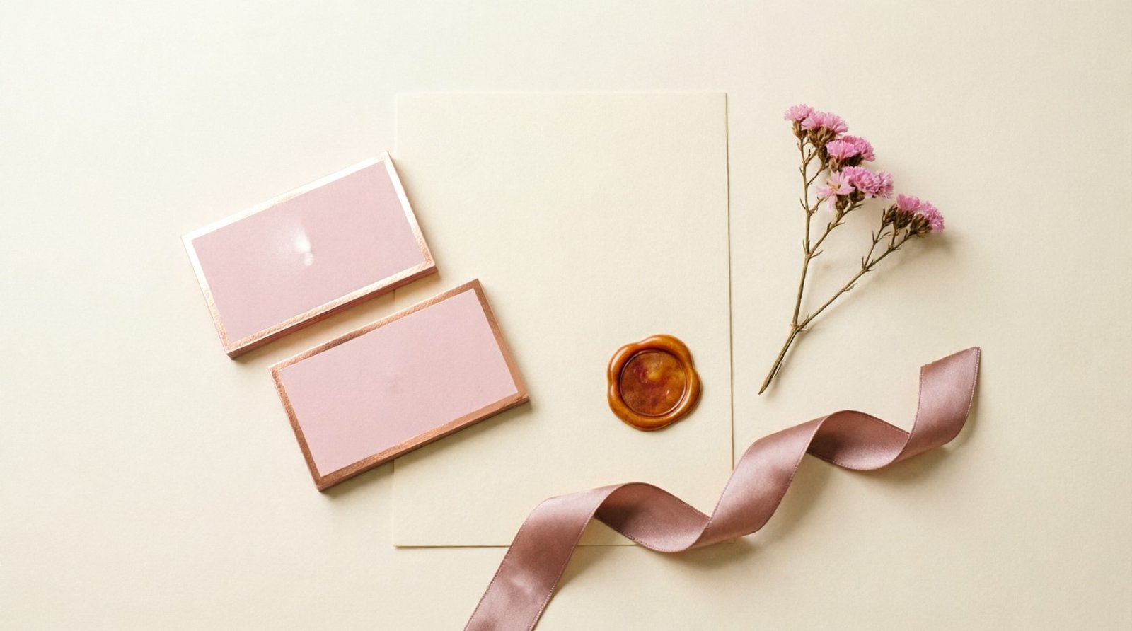 Blush stationery suite with rose gold foil and silk ribbon