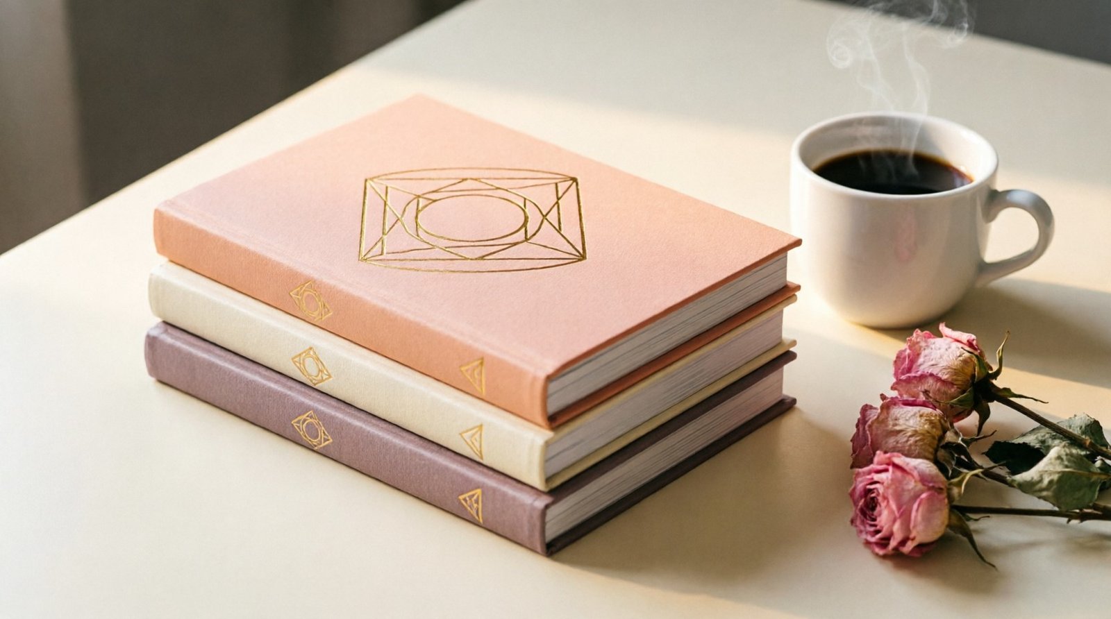 Stack of blush and cream books with gold foil covers