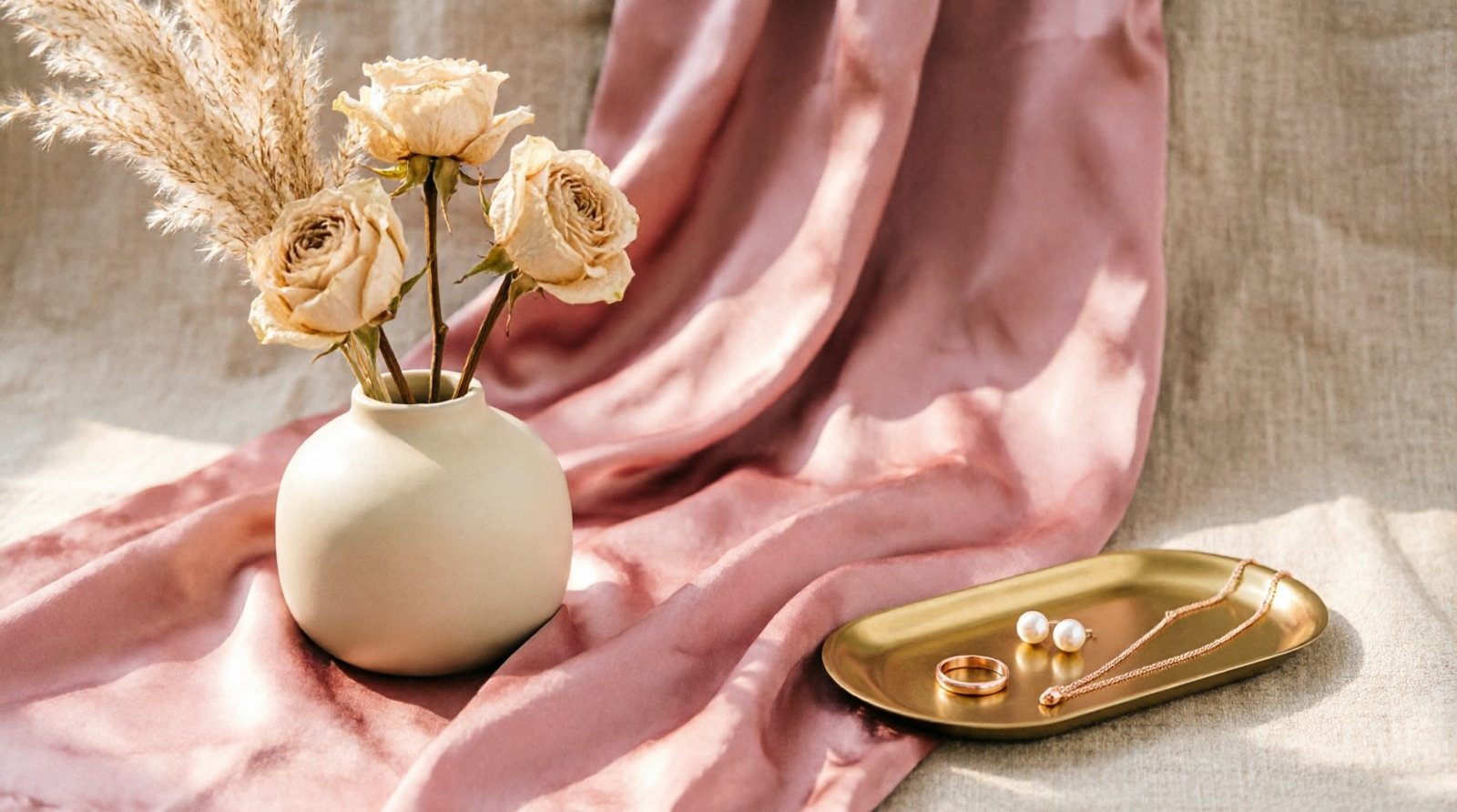 Blush silk, dried roses and a gold tray — the ILVANE aesthetic