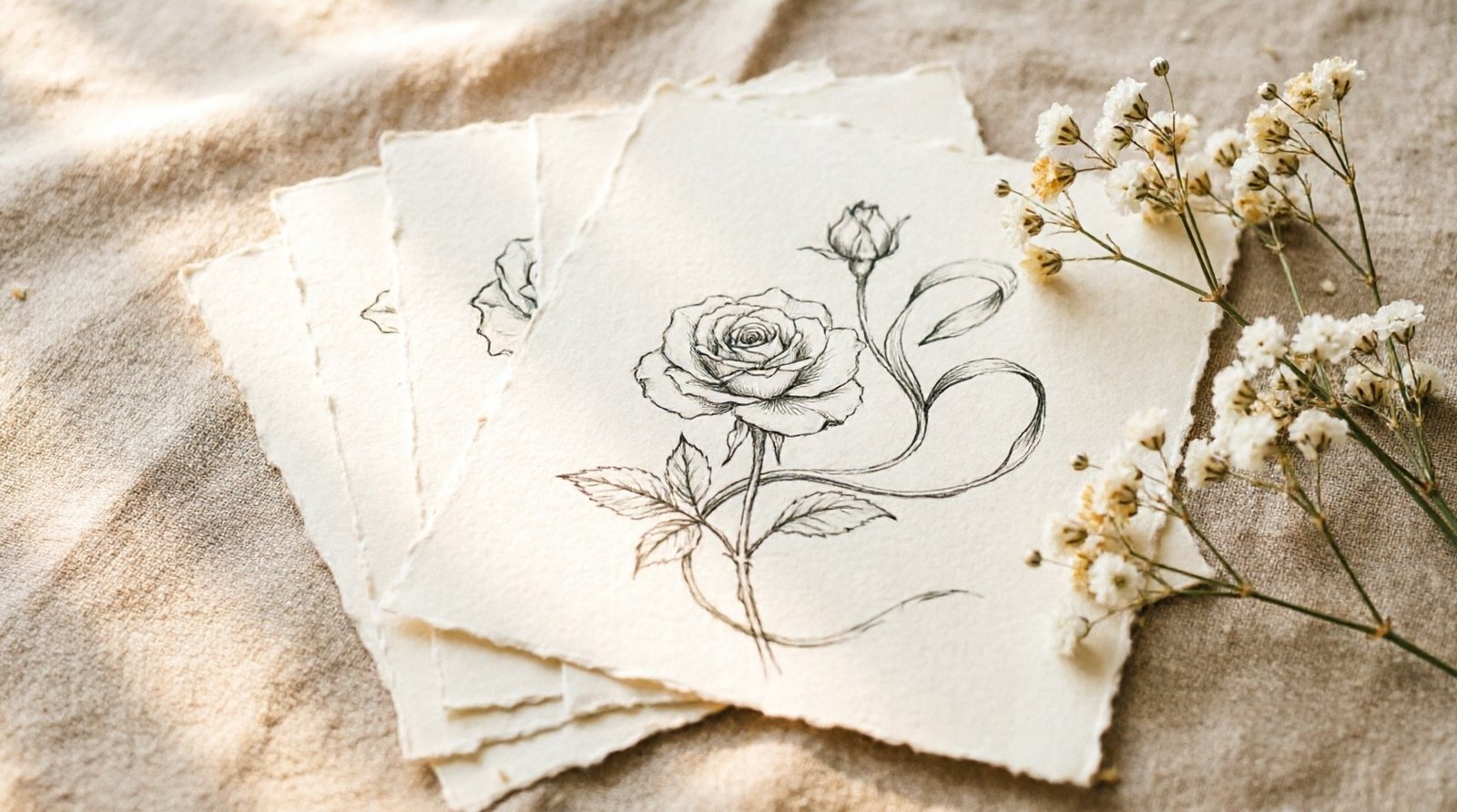 Hand-drawn botanical rose line art on cream paper