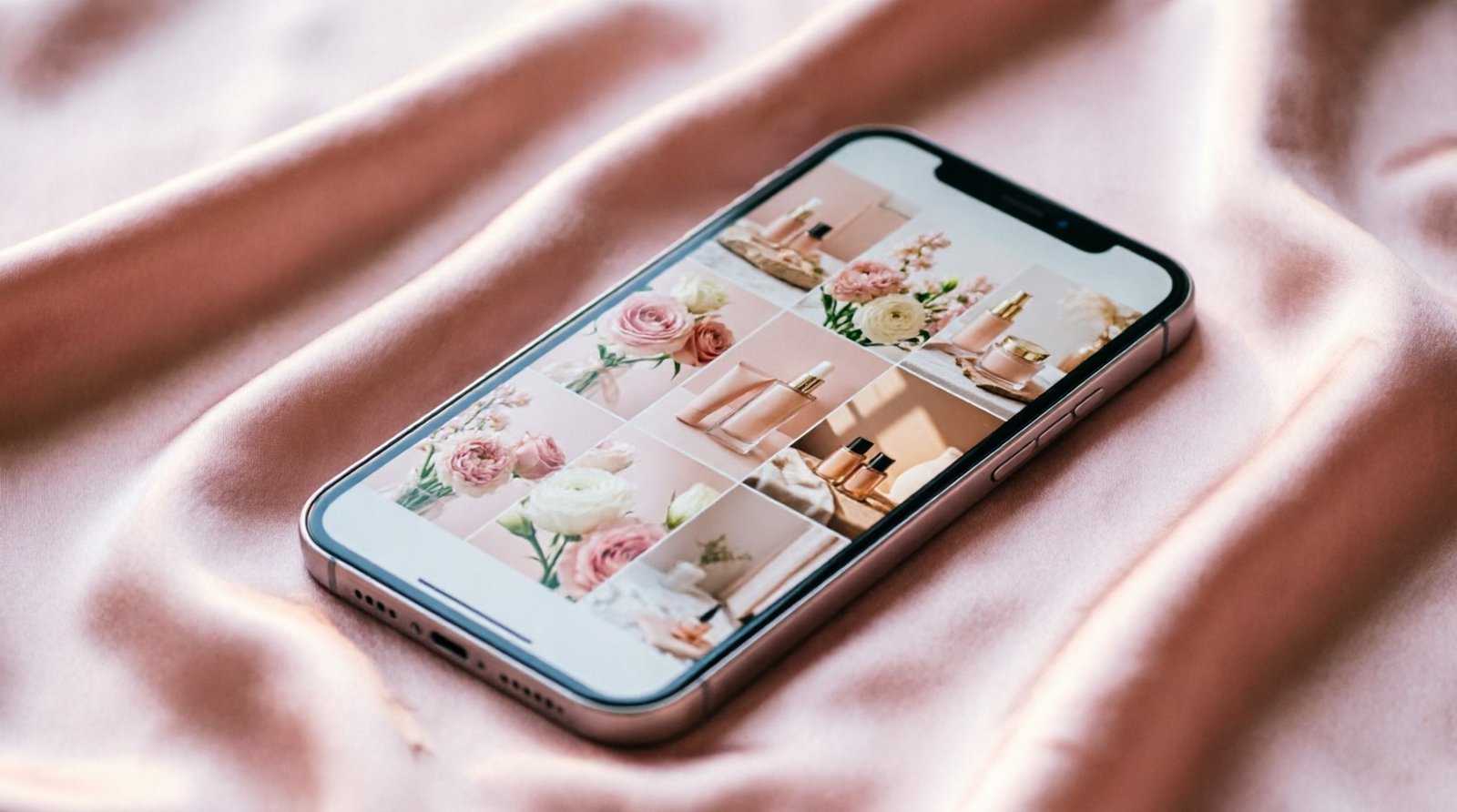 Phone on blush silk showing a cohesive Instagram grid