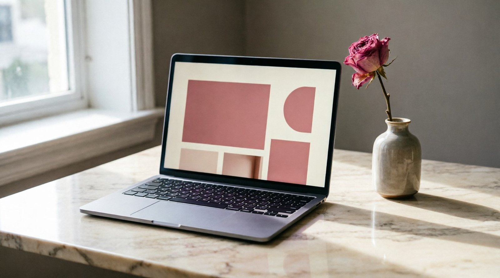 Laptop on marble showing an elegant blush website